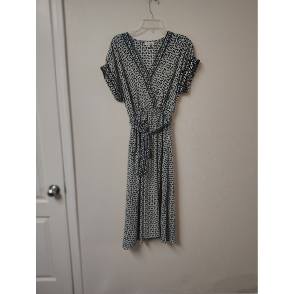Max Studio Blue Black Geometric Bow Print Faux Wrap Midi‎ Dress Medium